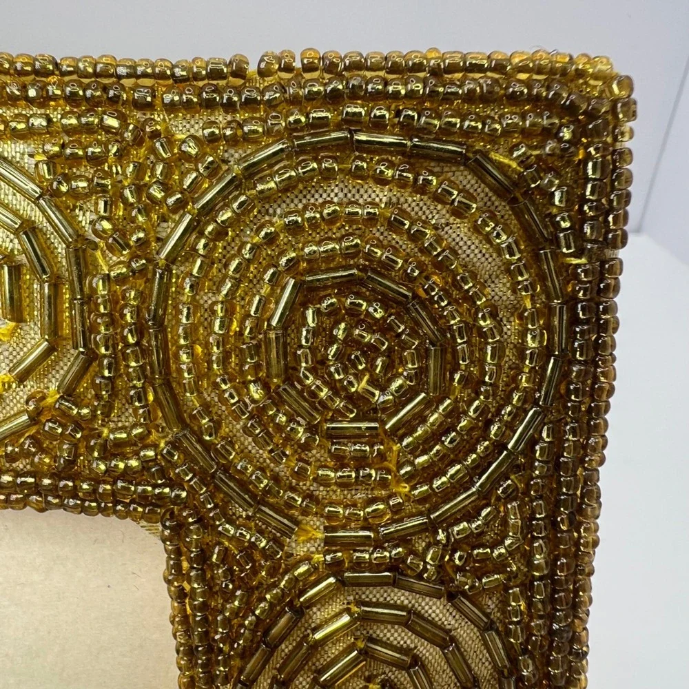 Vintage Bronze Yellow Beaded Picture Frame 3x3 Hand Embroidered India Ornate